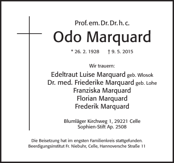 Traueranzeige von Odo Marquard von Süddeutsche Zeitung