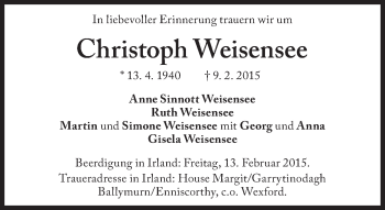 Traueranzeige von Christoph Weisensee von Süddeutsche Zeitung