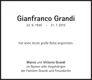 Traueranzeige von Gianfranco Grandi von Süddeutsche Zeitung