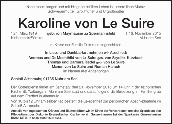 Traueranzeige von Karoline  von Le Suire von Süddeutsche Zeitung