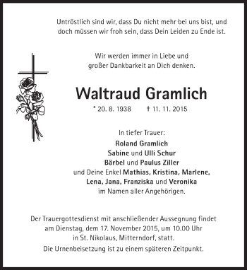 Traueranzeige von Waltraud Gramlich von Süddeutsche Zeitung