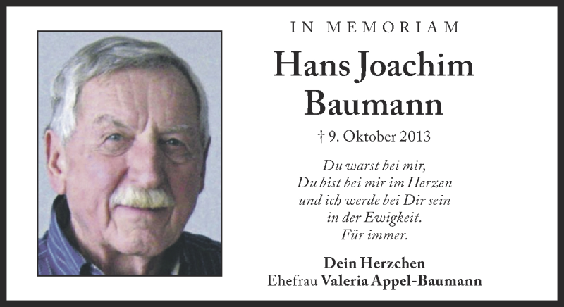  Traueranzeige für Hans Joachim Baumann vom 09.10.2015 aus Süddeutsche Zeitung vom 09.10.2015