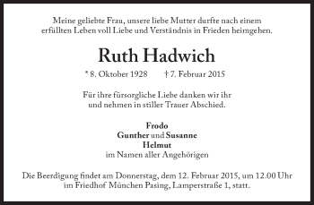 Traueranzeige von Ruth Hadwich von Süddeutsche Zeitung