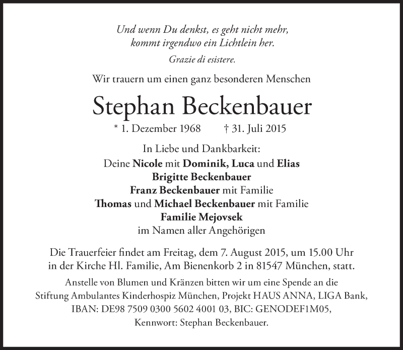  Traueranzeige für Stephan Beckenbauer vom 05.08.2015 aus Süddeutsche Zeitung