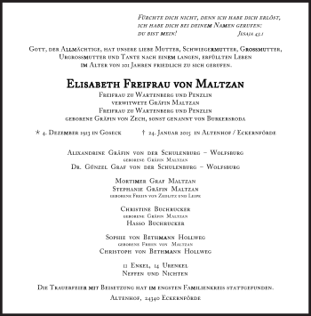 Traueranzeige von Elisabeth  Freifrau von Maltzan von Süddeutsche Zeitung