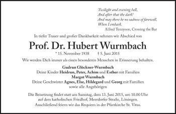 Traueranzeige von Hubert Wurmbach von Süddeutsche Zeitung