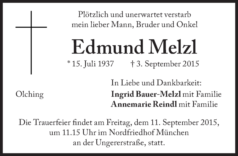  Traueranzeige für Edmund Melzl vom 08.09.2015 aus Süddeutsche Zeitung