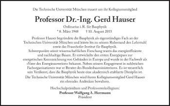 Traueranzeige von Prof. Dr.-Ing. Gerd Hauser von Süddeutsche Zeitung