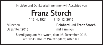 Traueranzeige von Franz Storch von Süddeutsche Zeitung