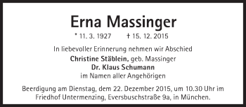 Traueranzeige von Erna Massinger von Süddeutsche Zeitung