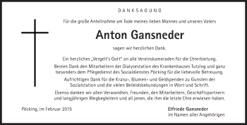 Traueranzeige von Anton Gansneder von Süddeutsche Zeitung
