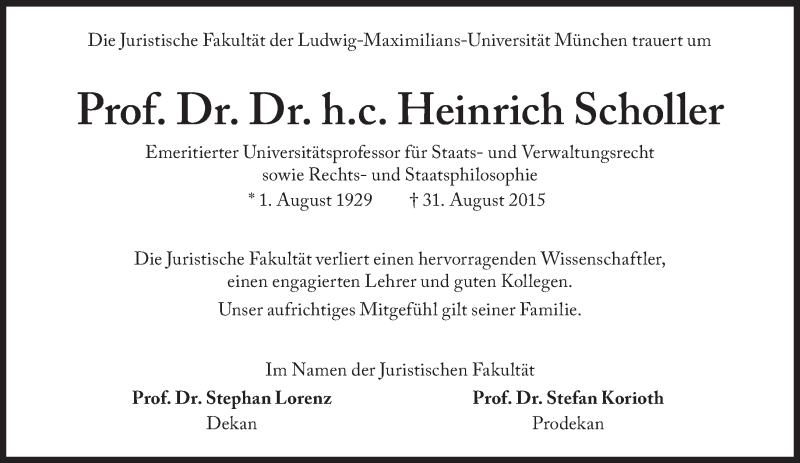  Traueranzeige für Heinrich Scholler vom 12.09.2015 aus Süddeutsche Zeitung