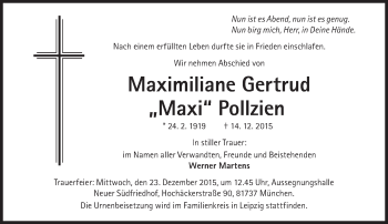 Traueranzeige von Maximiliane Gertrud Pollzien von Süddeutsche Zeitung