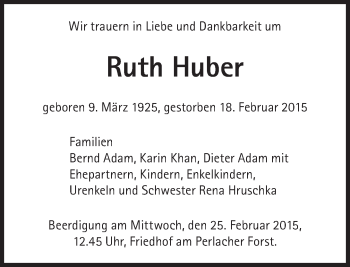 Traueranzeige von Ruth Huber von Süddeutsche Zeitung