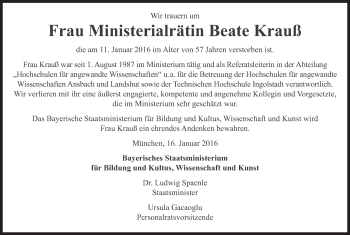 Traueranzeige von Beate Krauß von Süddeutsche Zeitung