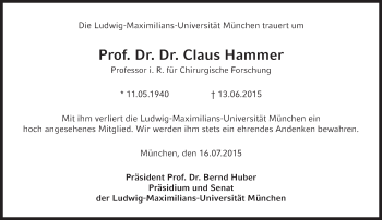 Traueranzeige von Claus Hammer von Süddeutsche Zeitung