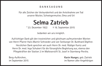 Traueranzeige von Selma Zatrieb von Süddeutsche Zeitung