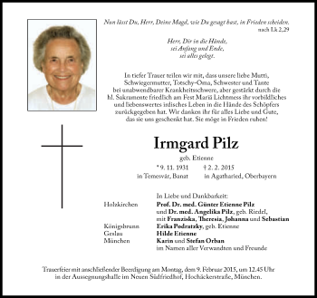 Traueranzeige von Irmgard Pilz von Süddeutsche Zeitung