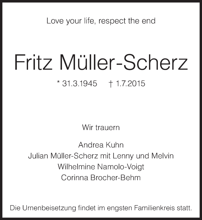  Traueranzeige für Fritz Müller-Scherz vom 18.07.2015 aus Süddeutsche Zeitung