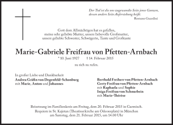 Traueranzeige von Marie-Gabriele Freifrau von Pfetten-Arnbach von Süddeutsche Zeitung