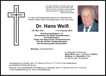 Traueranzeige von Hans Weiß von Süddeutsche Zeitung