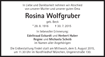 Traueranzeige von Rosina Wolfgruber von Süddeutsche Zeitung