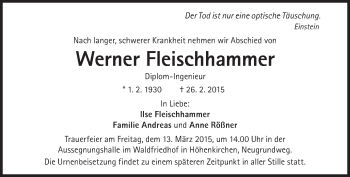 Traueranzeige von Werner Fleischhammer von Süddeutsche Zeitung