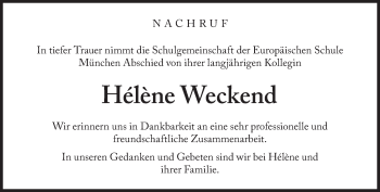 Traueranzeige von Hélène Weckend von Süddeutsche Zeitung