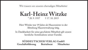 Traueranzeige von Karl-Heinz Witzke von Süddeutsche Zeitung
