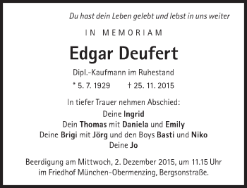 Traueranzeige von Edgar Deufert von Süddeutsche Zeitung