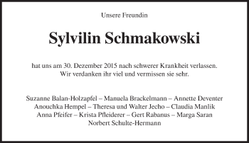 Traueranzeige von Sylvilin Schmakowski von Süddeutsche Zeitung