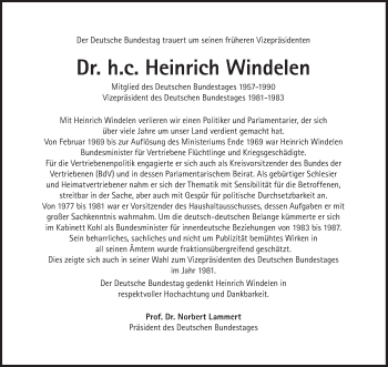Traueranzeige von Heinrich Windelen von Süddeutsche Zeitung