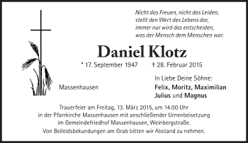 Traueranzeige von Klotz Daniel von Süddeutsche Zeitung