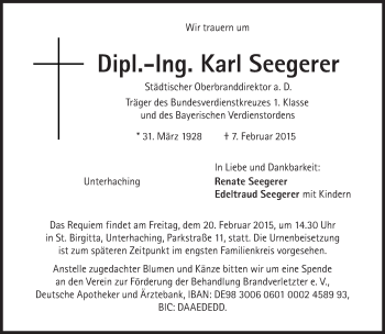Traueranzeige von Karl Seegerer von Süddeutsche Zeitung