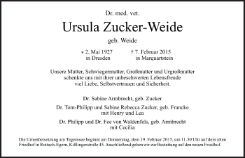 Traueranzeige von Ursula Zucker-Weide von Süddeutsche Zeitung