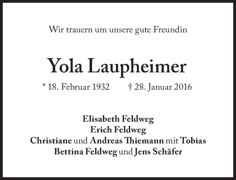  Traueranzeige für Yola Laupheimer vom 01.02.2016 aus Süddeutsche Zeitung