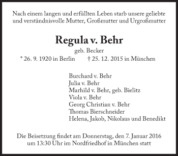 Traueranzeige von Regula v. Behr  von Süddeutsche Zeitung