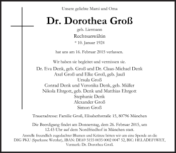 Traueranzeige von Dorothea Groß von Süddeutsche Zeitung