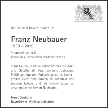 Traueranzeige von Franz Neubauer von Süddeutsche Zeitung