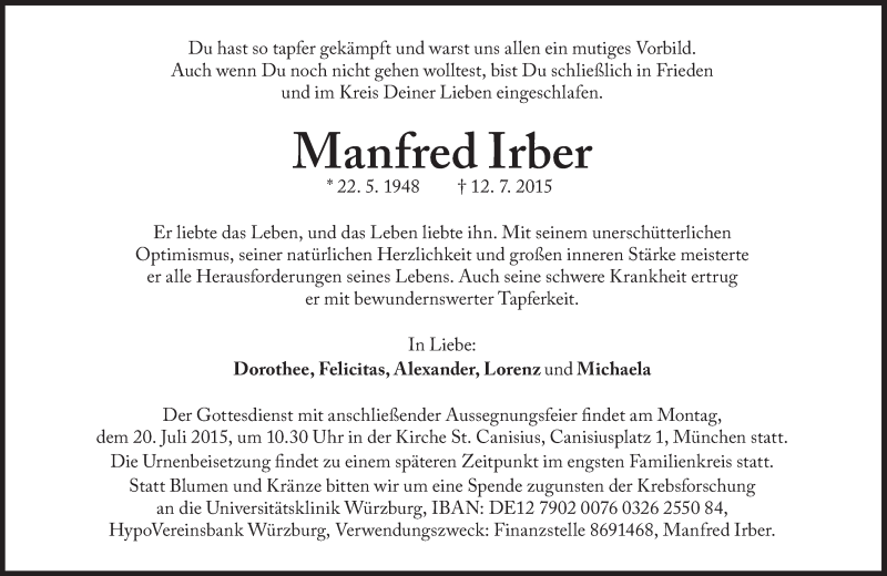  Traueranzeige für Manfred Irber vom 16.07.2015 aus Süddeutsche Zeitung