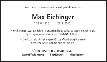 Traueranzeige von Max Eichinger von Süddeutsche Zeitung