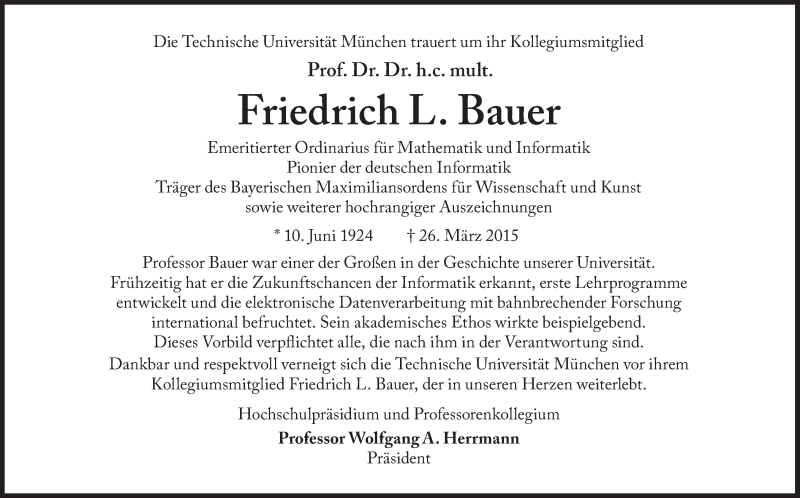  Traueranzeige für Friedrich L. Bauer vom 31.03.2015 aus Süddeutsche Zeitung