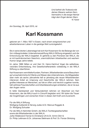 Traueranzeige von Karl Kossmann von Süddeutsche Zeitung