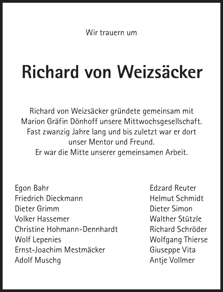  Traueranzeige für Richard von Weizsäcker vom 07.02.2015 aus Süddeutsche Zeitung