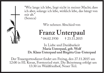 Traueranzeige von Franz Unterpaul von Süddeutsche Zeitung