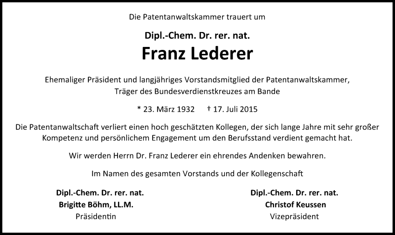  Traueranzeige für Franz Lederer vom 23.07.2015 aus Süddeutsche Zeitung