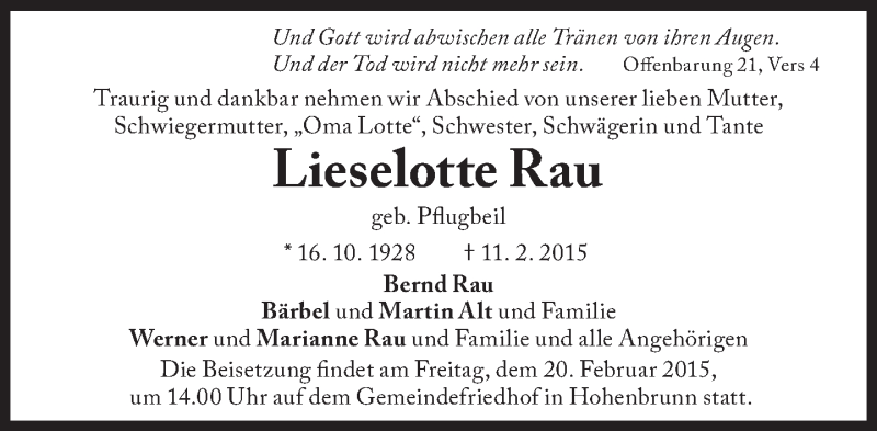  Traueranzeige für Lieselotte Rau vom 18.02.2015 aus Süddeutsche Zeitung
