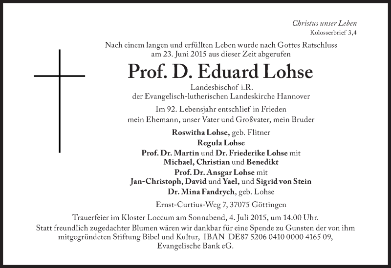  Traueranzeige für Eduard Lohse vom 27.06.2015 aus Süddeutsche Zeitung