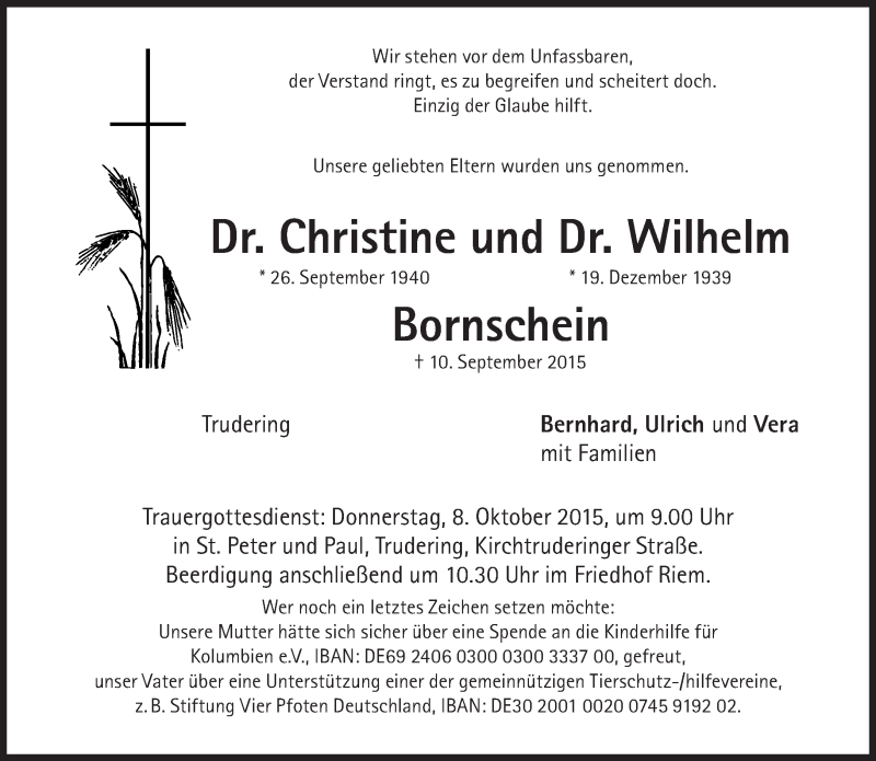  Traueranzeige für Christine und Wilhelm Bornschein vom 02.10.2015 aus Süddeutsche Zeitung