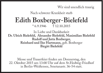 Traueranzeige von Edith Boxberger-Bielefeld von Süddeutsche Zeitung